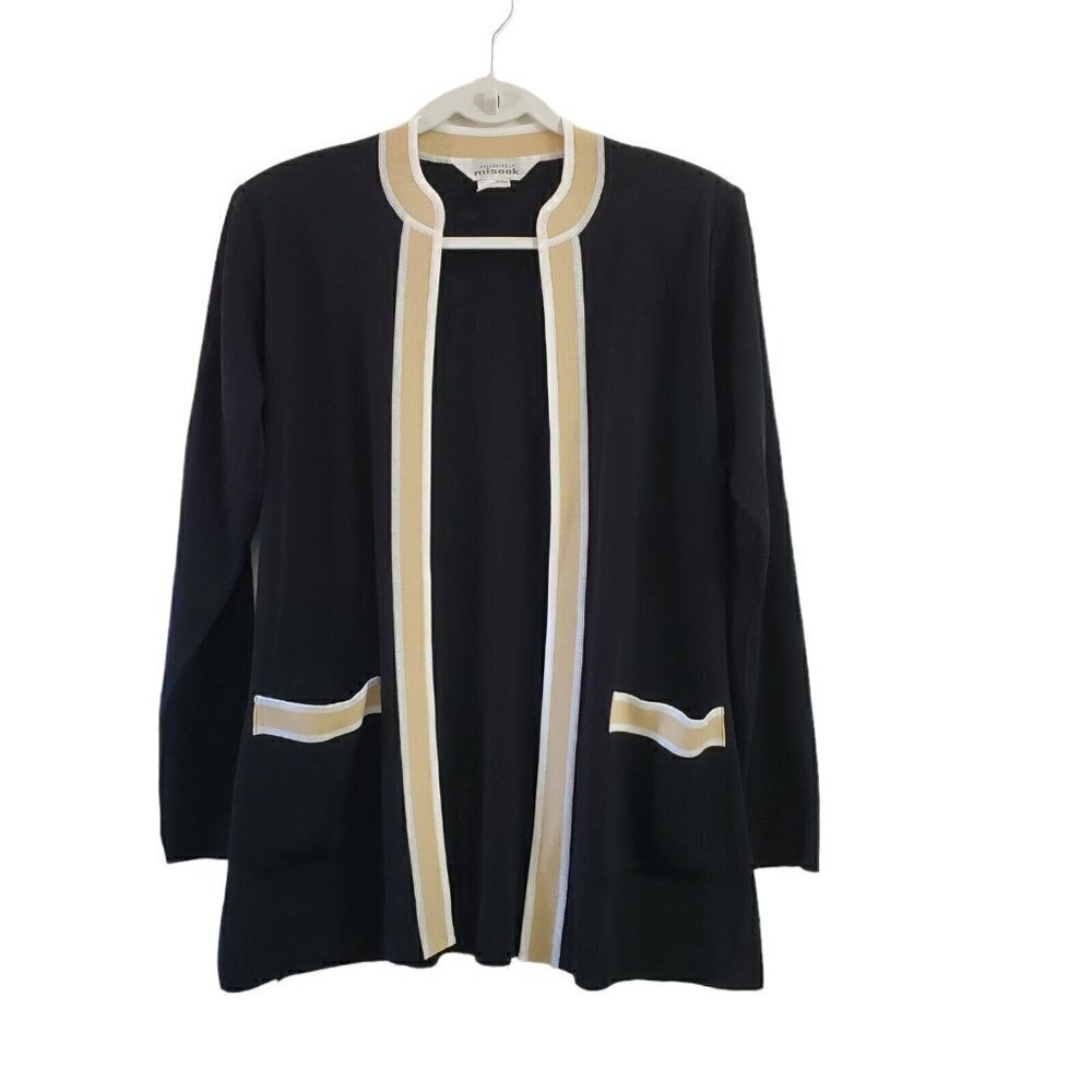 Exclusively Misook Cardigan XS Black Open Front Knit Acrylic Classic Pockets - Picture 1 of 10